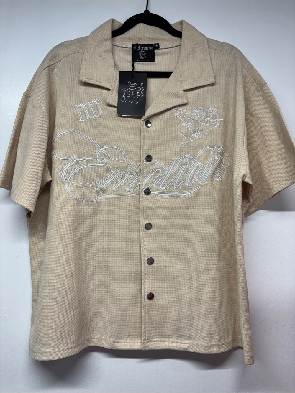 Embroidered Short-Sleeve Button-Down Shirt - Beige